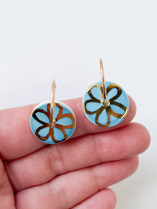 Porcelain Blue Dangle earring with Gold Flower design